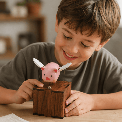 Riyumyi Handcrafted Wooden Angel Pig Automaton